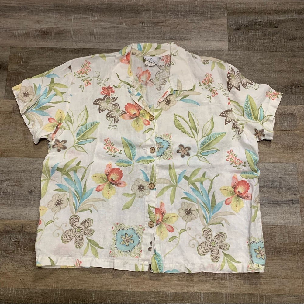 Hot Cotton Marc Ware Floral Linen Button Up Top Women’s XL Blouse Artsy Shirt